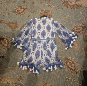 Blue and White Patterned Dress with Tassels